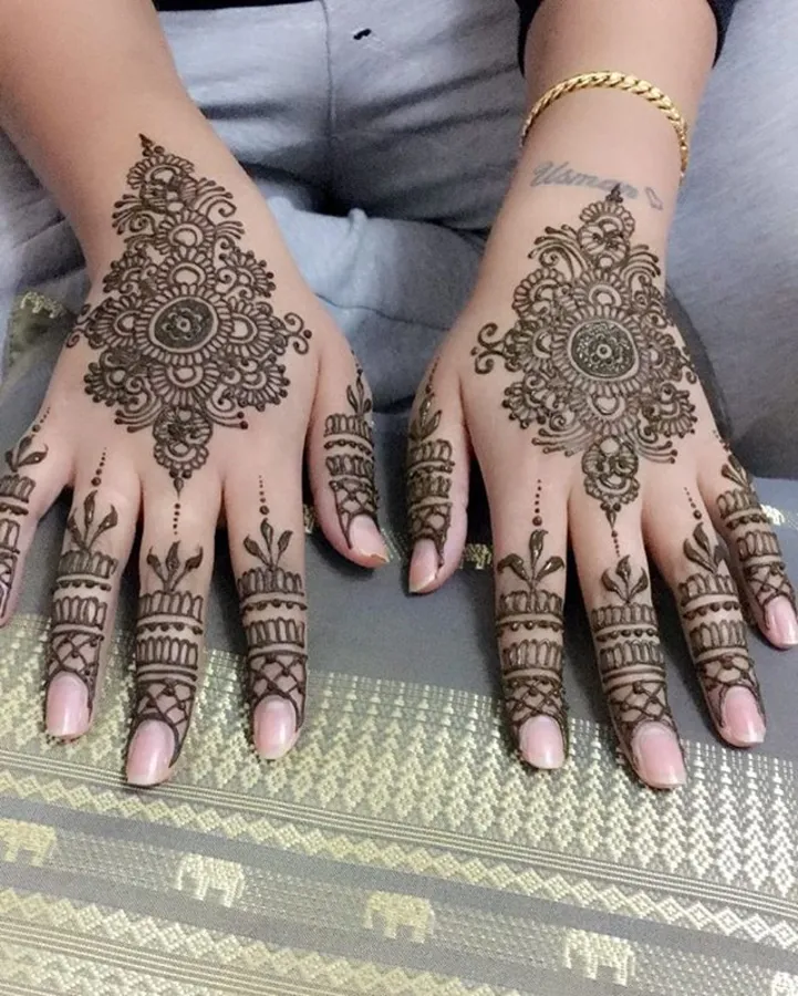 Detailed Eid mehndi on a party guest's hands
