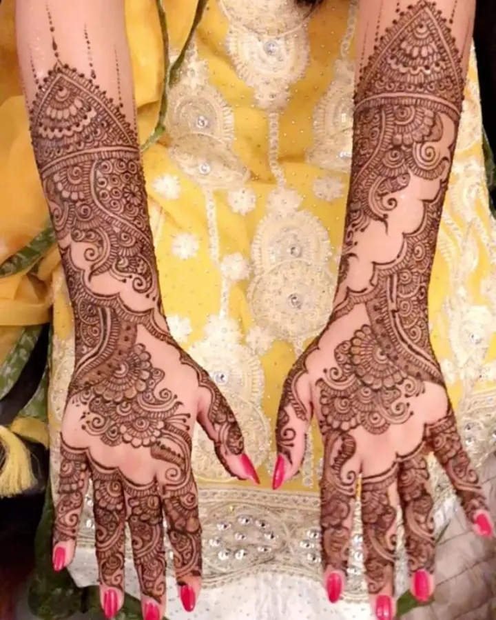 Intricate bridal mehndi across the hands and forearms